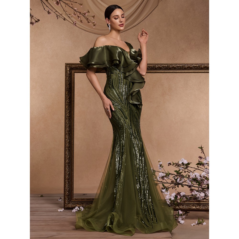 [Elegant Mermaid Gown] Form-Fitting Mermaid Gown | Elegant Deep V-Neck Sequin Evening Dress with Ruffle Sleeves and Geometric Pattern, Perfect for Weddings and Formal Events
