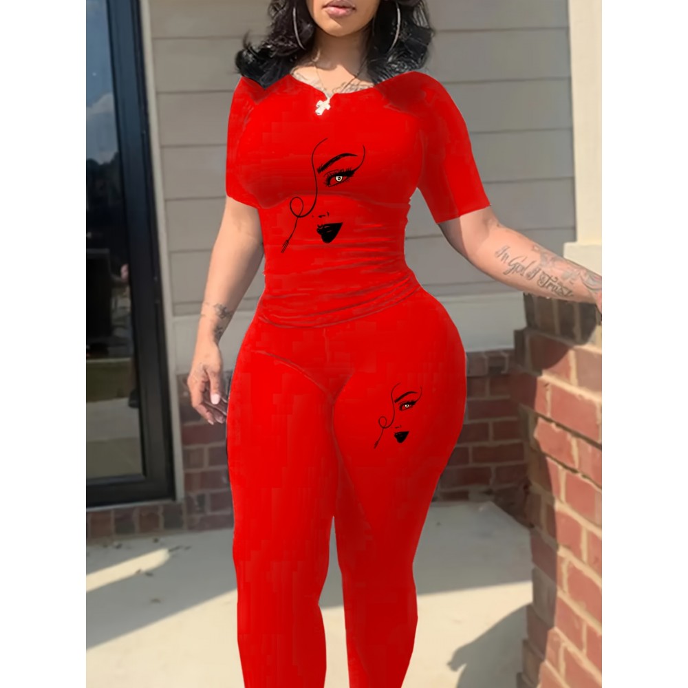 XDCH12LA10 European and American Women's Casual Sporty Round Neck Loose Short Sleeve Long Pants Set with Unique Print Two-Piece Outfit