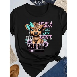 Women's Cute Cartoon Cow Print T-Shirt, Round Neck Short Sleeve Fashion Sports Tee, Comfortable Casual Top, Knitted Polyester Fabric, Romantic Style, All Seasons, Ladies Leisure Sportswear