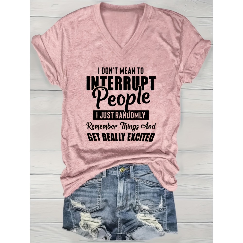 Women'S Casual V-Neck T-Shirt with Alphabet Print, Polyester 60%, Rayon 35%, Spandex 5%, Medium Stretch Knit Fabric, Regular Length, for Spring/Summer/Fall - 180g/m²
