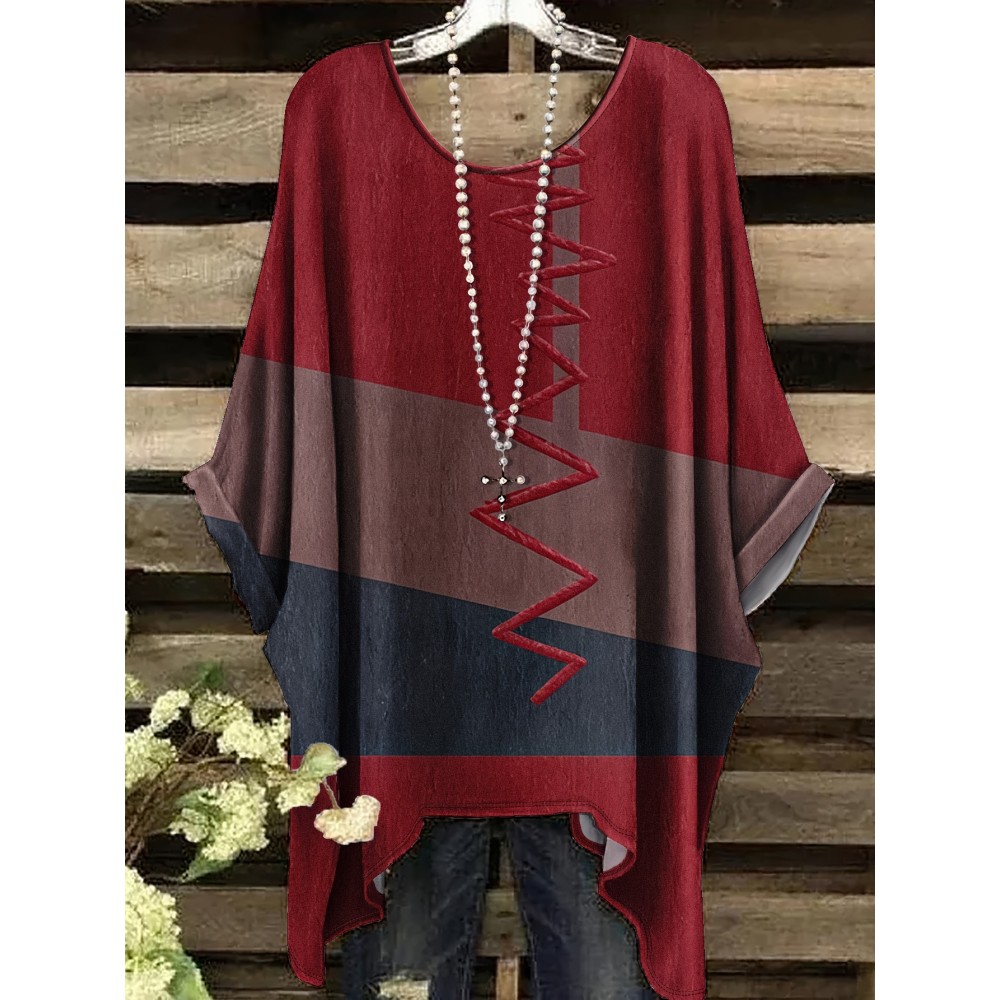 [Summer Tee] Plus Size Summer Color Block Turtleneck Tee | Casual Comfort Round Neck Short Sleeve Oversized Shirt for Women, Unadorned