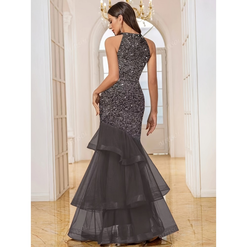 Sequin Open Back Mesh Layered Evening Gown, Elegant Women'S Party Dress for Weddings, Graduations, and Formal Dinners with Slight Stretch Fit Mermaid Skirt