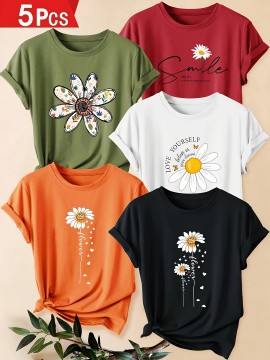 [Versatile Summer T-Shirt Set] 5pcs Versatile Summer T-Shirt Set, Women's Simple Floral Short Sleeve Chrysanthemum Print Round Neck Loose Fit Casual Fashionable Commute Vacation Everyday Top in Multiple Colors 1XL-5XL