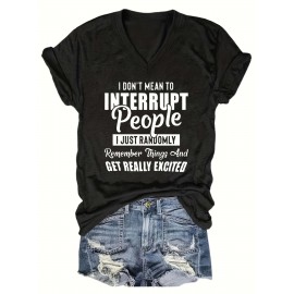 Women'S Casual V-Neck T-Shirt with Alphabet Print, Polyester 60%, Rayon 35%, Spandex 5%, Medium Stretch Knit Fabric, Regular Length, for Spring/Summer/Fall - 180g/m²